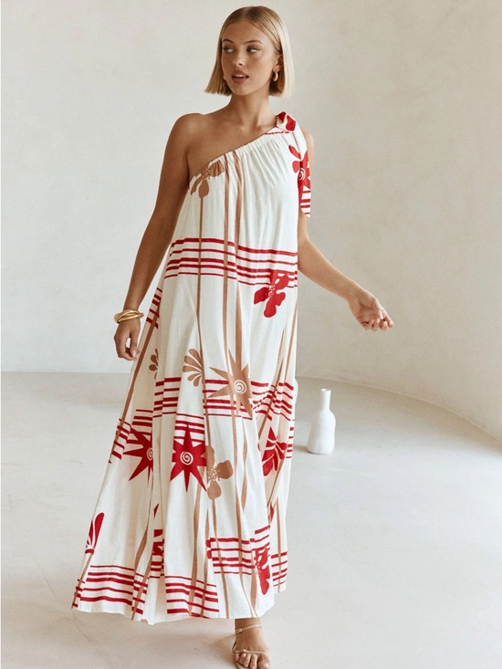 Sabo Skirt Dresses & Skirts - Sabo Skirt One-Shoulder Floral Stripe Avani Maxi Dress - Red & Cream Moana L